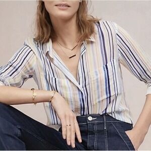 New Anthropologie Cloth & Stone Striped Button Up Shirt M Beachy Pockets Loose‎